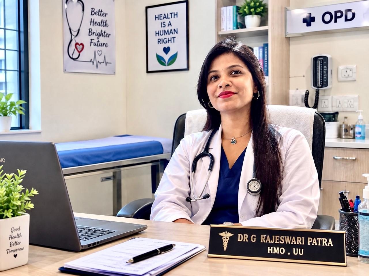 Dr. G. Rajeswari Patra at her OPD desk, stethoscope around her neck, with her nameplate visible