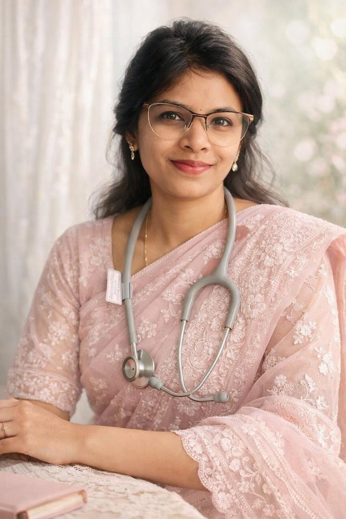 Dr. Rajeswari Patra, homoeopathic physician, portrait with stethoscope