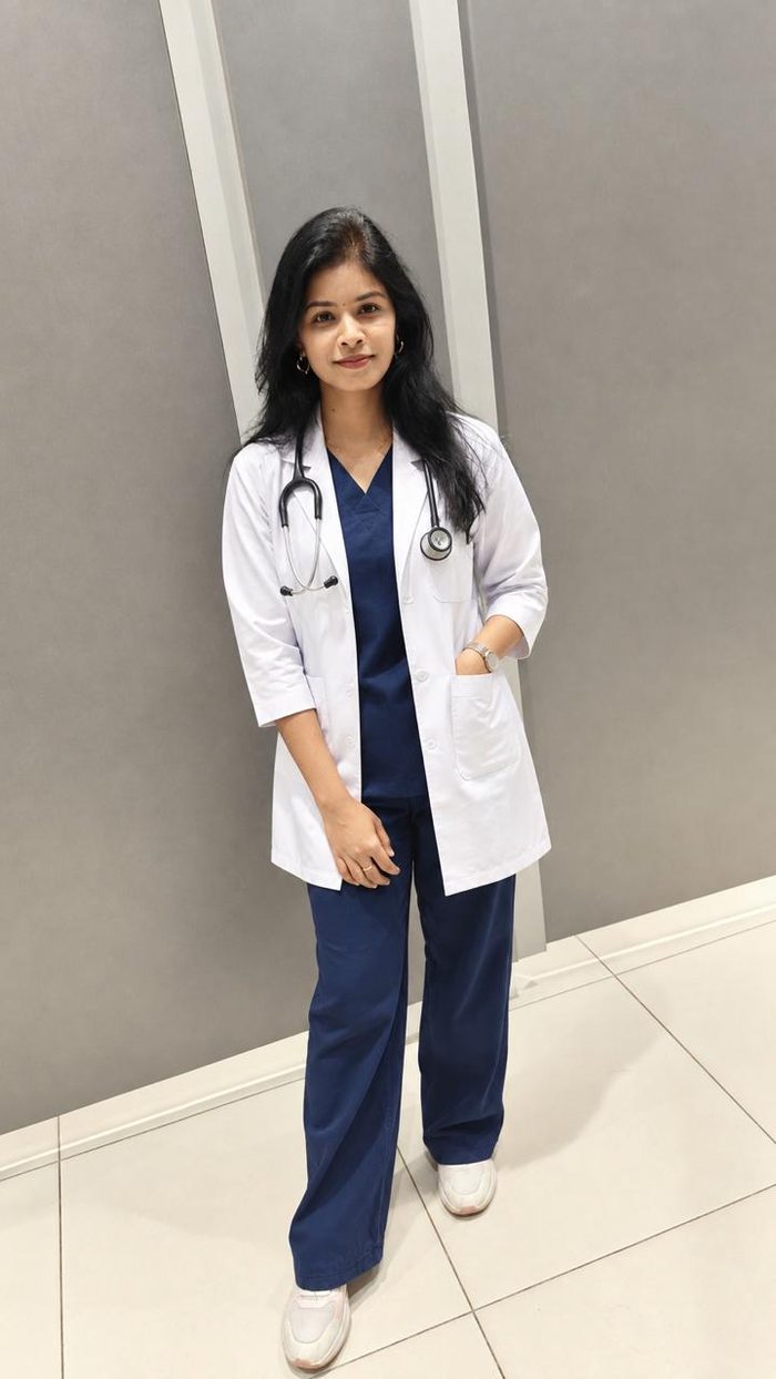 Dr. Rajeswari Patra in white coat and scrubs, stethoscope around her neck