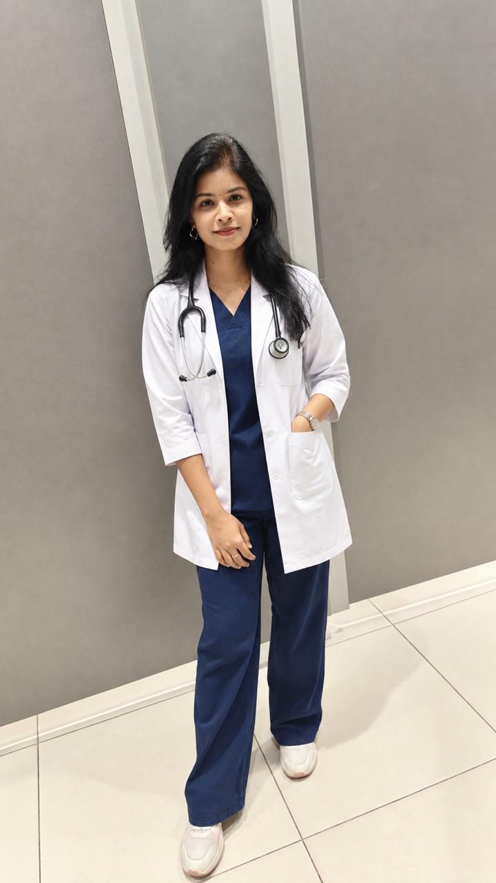 Dr. Rajeswari Patra in white coat and scrubs, stethoscope around her neck